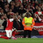 Selebrasi gol Bukayo Saka dalam laga Arsenal vs Atletico Madrid semifinal Liga Champions 2026