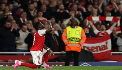 Selebrasi gol Bukayo Saka dalam laga Arsenal vs Atletico Madrid semifinal Liga Champions 2026