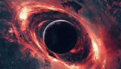 Ilustrasi sepasang lubang hitam ultramasif yang saling mengorbit di pusat galaksi