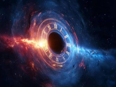 Ilustrasi teoretis Jembatan Einstein-Rosen sebagai lubang cacing cermin waktu