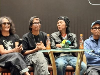 Grup band rock legendaris Slank saat menggelar konferensi pers jelang penampilan eksklusif di Java Jazz Festival 2026