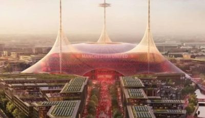 Cetak biru atau rendering desain rencana pembangunan stadion baru Manchester United berkapasitas 100 ribu kursi