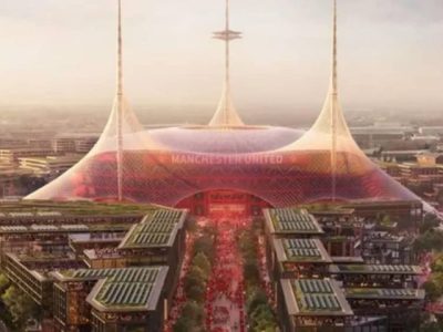 Cetak biru atau rendering desain rencana pembangunan stadion baru Manchester United berkapasitas 100 ribu kursi