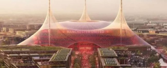 Cetak biru atau rendering desain rencana pembangunan stadion baru Manchester United berkapasitas 100 ribu kursi