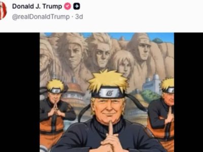 Ilustrasi digital kontroversial yang mentransformasikan figur Donald Trump menjadi karakter anime Naruto Uzumaki di media sosial