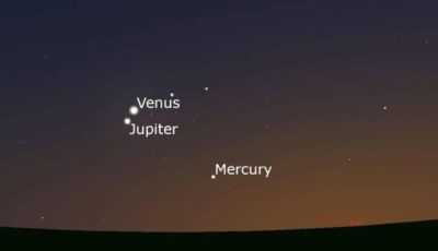 Pemandangan konjungsi planet Venus, Jupiter, dan Merkurius yang berderet di ufuk barat setelah matahari terbenam