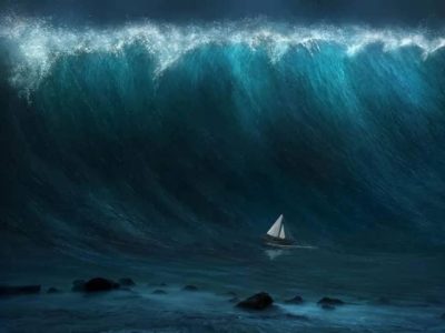 Ilustrasi pemetaan topografi permukaan laut oleh satelit SWOT NASA saat memantau pergerakan gelombang tsunami