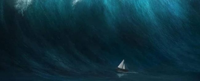Ilustrasi pemetaan topografi permukaan laut oleh satelit SWOT NASA saat memantau pergerakan gelombang tsunami