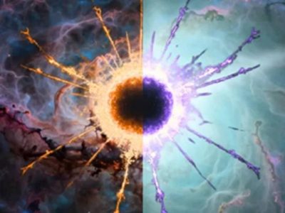 Ilustrasi proses transformasi teoretis sebuah lubang hitam primordial menjadi entitas lubang putih