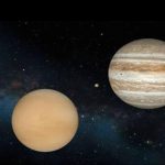 Ilustrasi fenomena astronomi konjungsi antara planet Venus dan Jupiter yang tampak berdekatan di langit malam