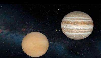 Ilustrasi fenomena astronomi konjungsi antara planet Venus dan Jupiter yang tampak berdekatan di langit malam
