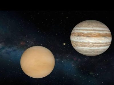 Ilustrasi fenomena astronomi konjungsi antara planet Venus dan Jupiter yang tampak berdekatan di langit malam
