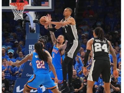 Aksi pertandingan Game 7 Final Wilayah Barat NBA 2026 antara San Antonio Spurs melawan Oklahoma City Thunder