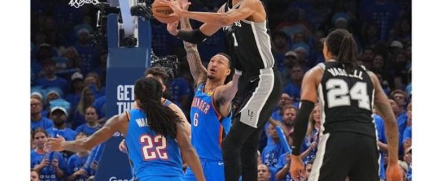 Aksi pertandingan Game 7 Final Wilayah Barat NBA 2026 antara San Antonio Spurs melawan Oklahoma City Thunder