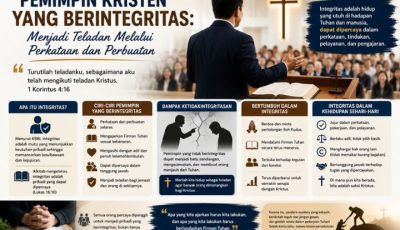 Ilustrasi seorang pemimpin Kristen yang berintegritas sedang memberikan teladan pelayanan kepada jemaat