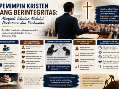 Ilustrasi seorang pemimpin Kristen yang berintegritas sedang memberikan teladan pelayanan kepada jemaat