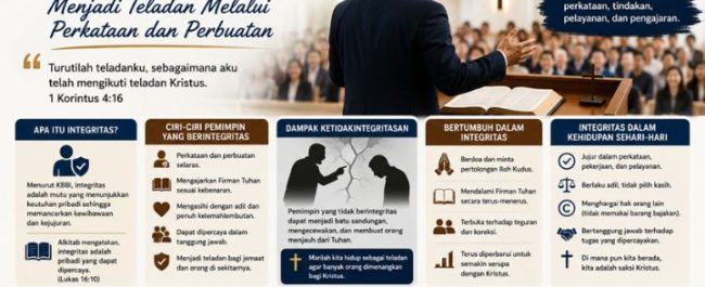 Ilustrasi seorang pemimpin Kristen yang berintegritas sedang memberikan teladan pelayanan kepada jemaat