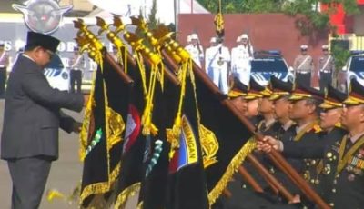 Presiden Prabowo Subianto saat memberikan amanat dalam Upacara Peringatan Hari Bhayangkara ke-80 di Bogor