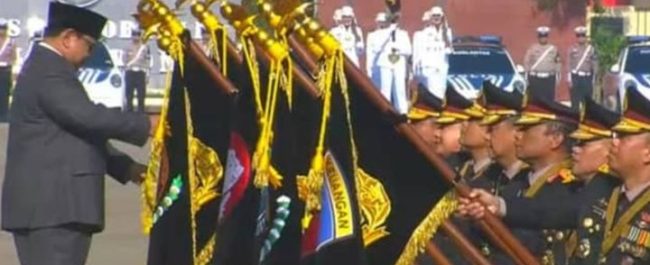 Presiden Prabowo Subianto saat memberikan amanat dalam Upacara Peringatan Hari Bhayangkara ke-80 di Bogor
