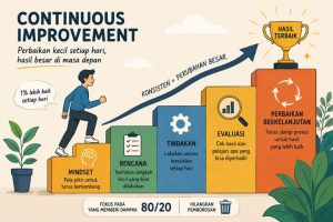 Visual materi konsep continuous improvement dan filosofi Kaizen untuk efisiensi diri serta manajemen bisnis