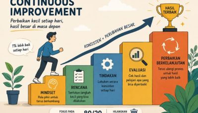 Visual materi konsep continuous improvement dan filosofi Kaizen untuk efisiensi diri serta manajemen bisnis