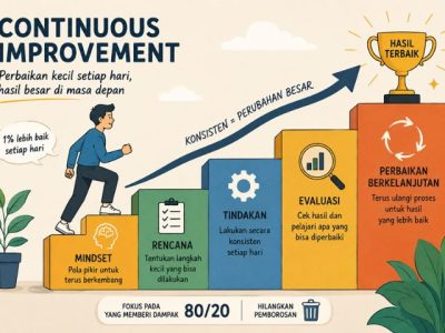 Visual materi konsep continuous improvement dan filosofi Kaizen untuk efisiensi diri serta manajemen bisnis