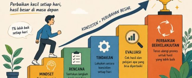 Visual materi konsep continuous improvement dan filosofi Kaizen untuk efisiensi diri serta manajemen bisnis