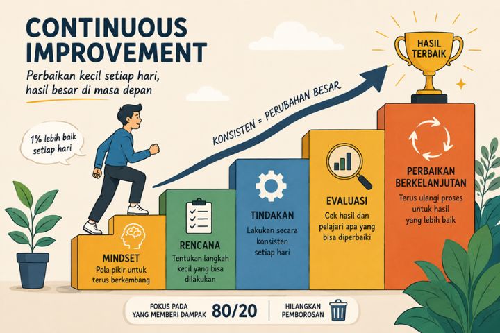 Visual materi konsep continuous improvement dan filosofi Kaizen untuk efisiensi diri serta manajemen bisnis