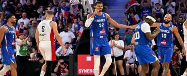 Pemain timnas bola basket Prancis Victor Wembanyama saat beraksi di lapangan jelang Kualifikasi FIBA World Cup 2027