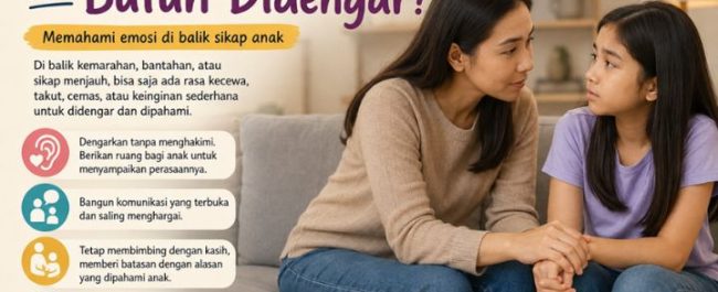 Ilustrasi orang tua yang berdialog dan mendengarkan keluh kesah anak remaja di rumah