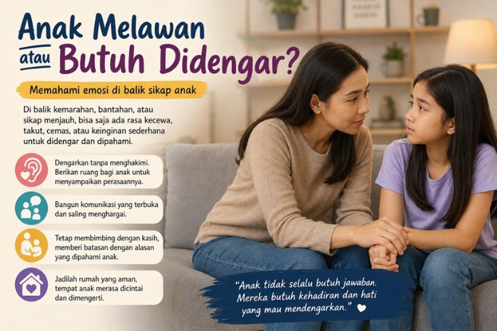 Ilustrasi orang tua yang berdialog dan mendengarkan keluh kesah anak remaja di rumah
