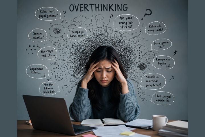 Ilustrasi seseorang yang sedang menghadapi overthinking dan kekhawatiran berlebihan
