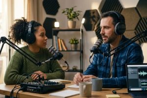 Ilustrasi seorang voice over talent sedang merekam narasi suara di depan mikrofon studio