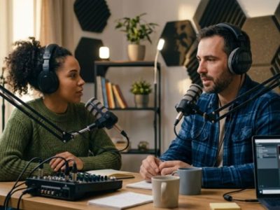 Ilustrasi seorang voice over talent sedang merekam narasi suara di depan mikrofon studio