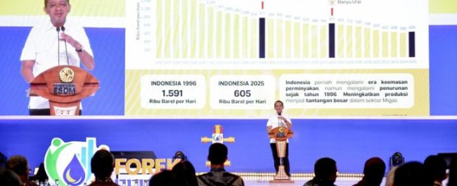 Menteri ESDM Bahlil Lahadalia memberikan sambutan dalam pembukaan FOREK Hulu Migas 2026 liputan Radio Tangerang Heartline FM